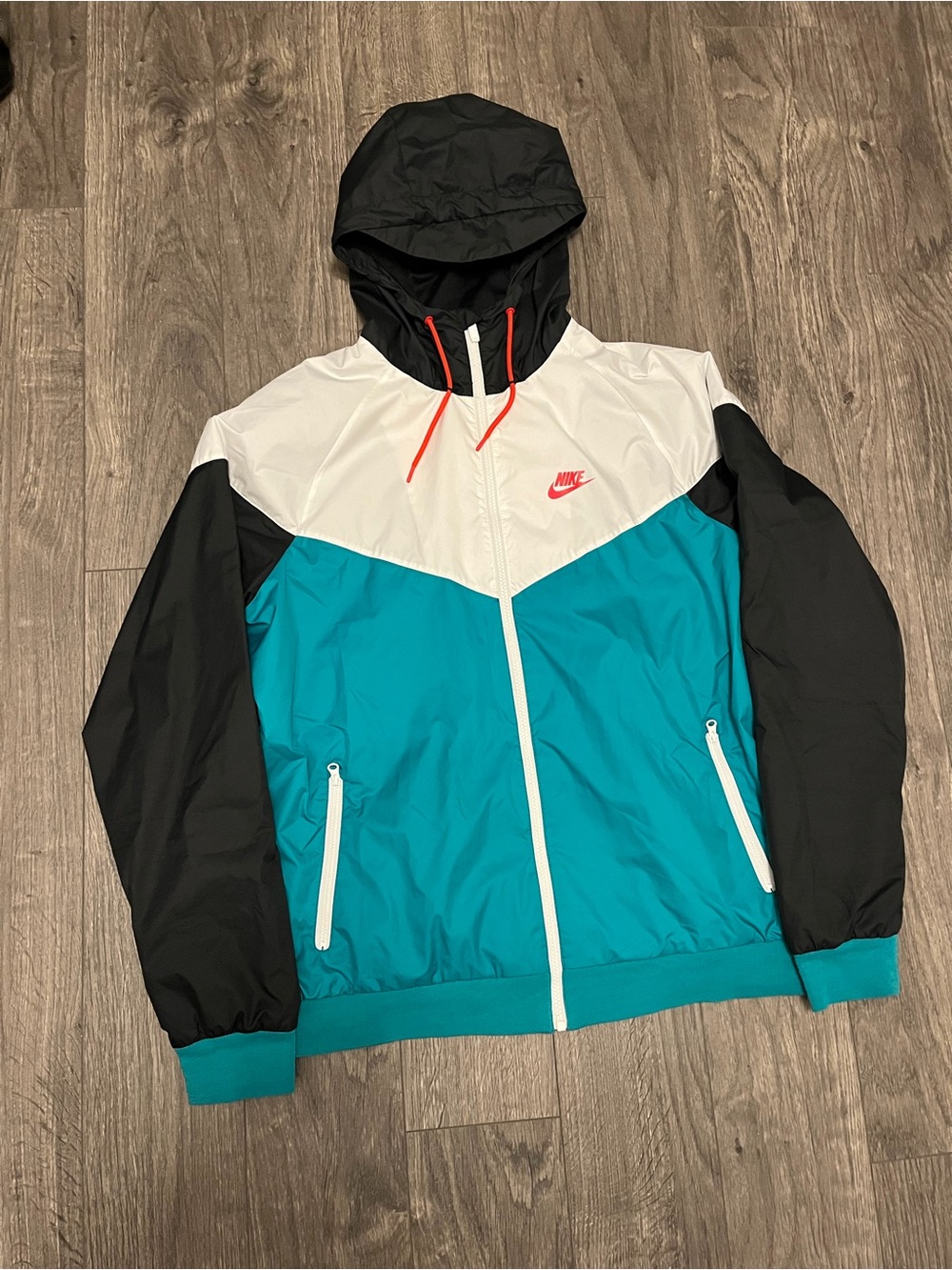 Nike Men’s Hooded Windbreaker Jacket - Teal/Black/White/Red Accents - Picture 2 of 4